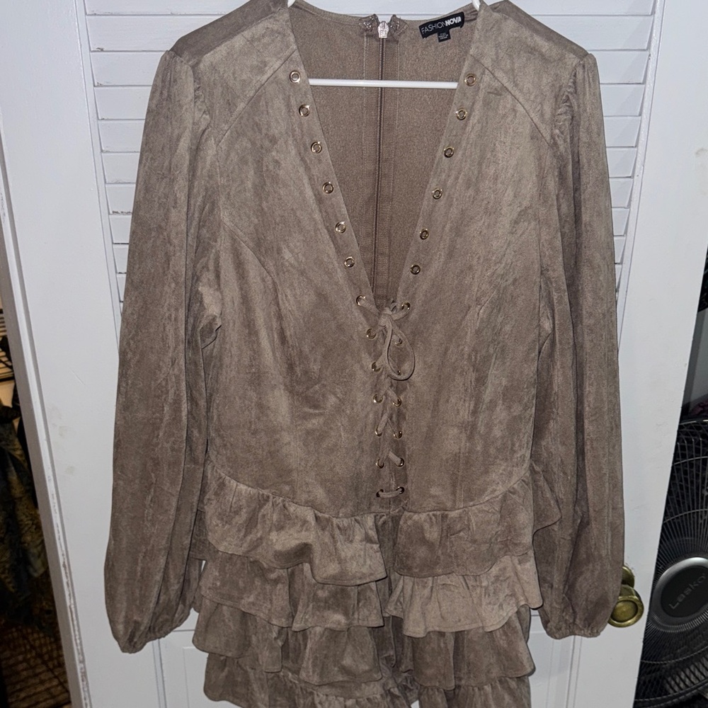 Fashion Nova Taupe Lace-Up Ruffle Dress